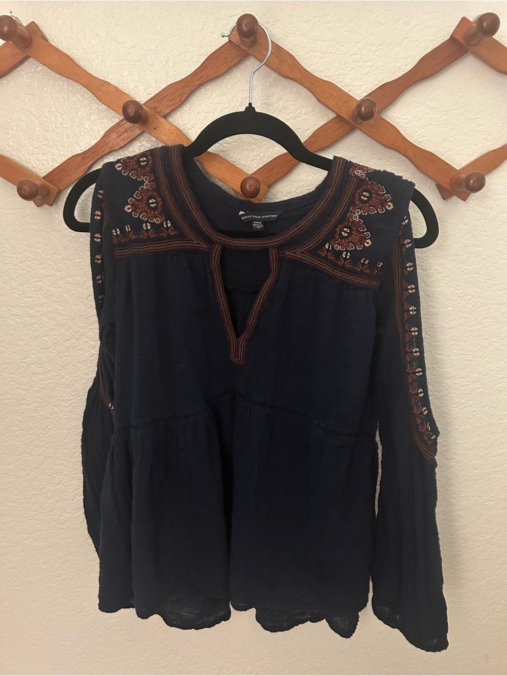 American Eagle Outfitters Navy Embroidered Cold-Shoulder Boho Blouse
